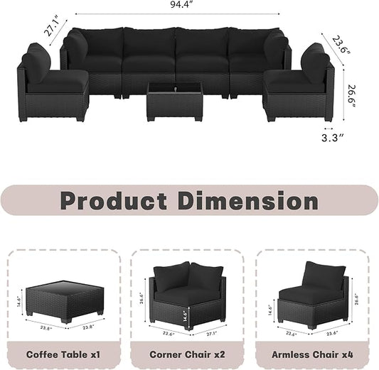 Patio Furniture Set, 7-Piece Outdoor Sectional Couch with Coffee Table & Thick Cushions, Outdoor Wicker Conversation Set for Backyard, Poolside, Garden (Black-Black, 7 Piece-Single)