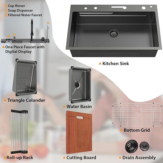Mocoloo 33 Inch Black Honeycomb Waterfall Kitchen Sink Drop in, 33x19 Inch Stainless Steel Workstation Sink 16 Gauge Topmount Single Bowl Sink with Complete Kit