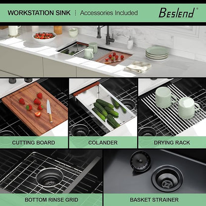 33 Black Undermount Kitchen Sink - 33x19 Gunmetal Black Double Bowl Kitchen Sinks Workstation 16 Gauge Stainless Steel Sink Low Divide Double Basin 50/50