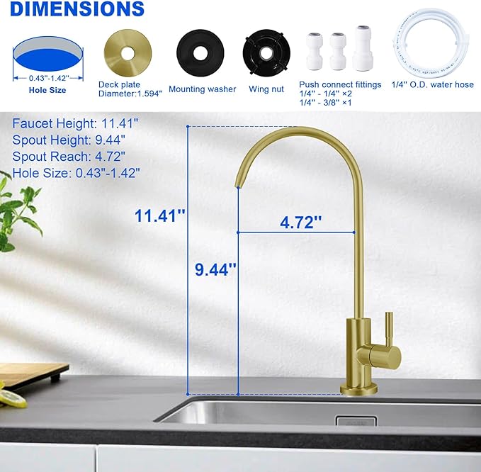 Drinking Water Faucet - Long Thread Stem Filtered Water Tap for Thick Countertop,Lead-Free RO Faucet with Hose and Quick Connect Fittings(Matte Gold-Flat Top)