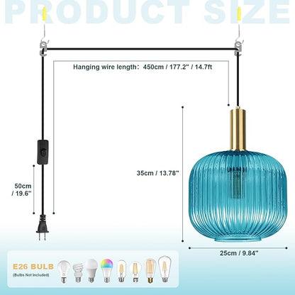 Blue Ribbed Glass Plug in Pendant Light, 9.8" Handblown Striped Hanging Lamp with 14.76ft Cord & Rocker Switch, Mid-Century Modern Pendant Lighting for Kitchen Island, Dining Room, Bedroom