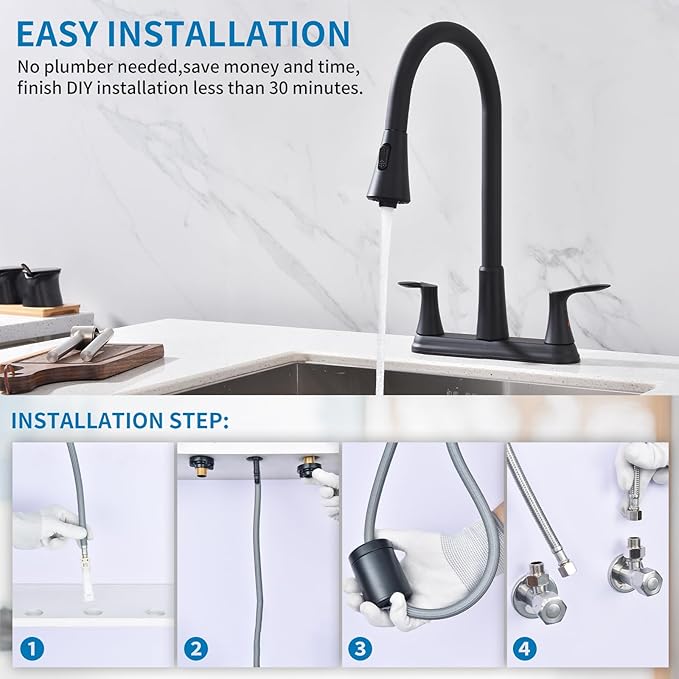 HOMELODY 2 Handles Kitchen Faucet with Pull Down Sprayer for 3 Hole Sink, 8 inch 360° Rotating Spout Centerset Kitchen Sink Faucet with Water Lines Matte Black
