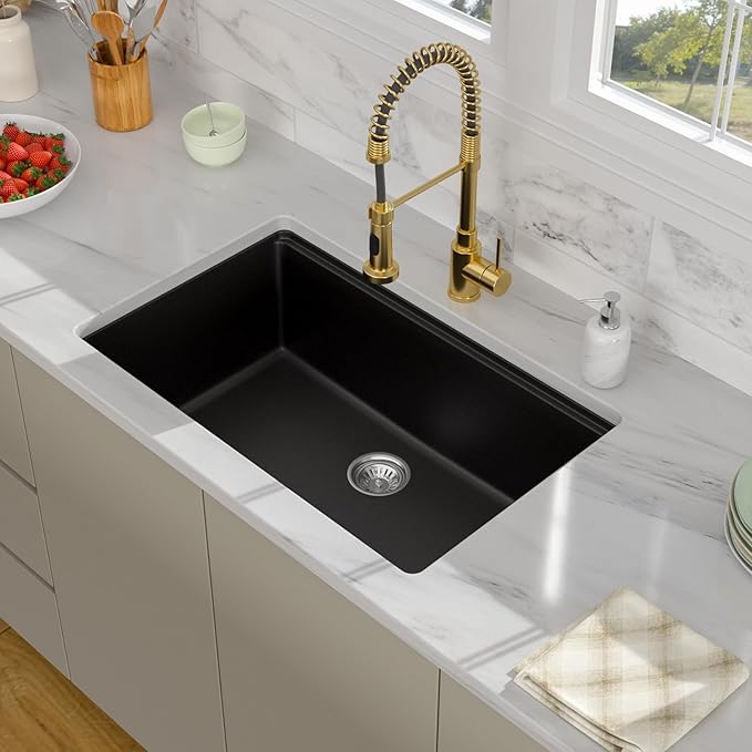 28 Granite Composite Kitchen Sink - 28x19 Inch Black Granite Kitchen Sink Undermount Black Quartz Sinks Ledge Workstation Classic Under Counter Single Bowl Basin