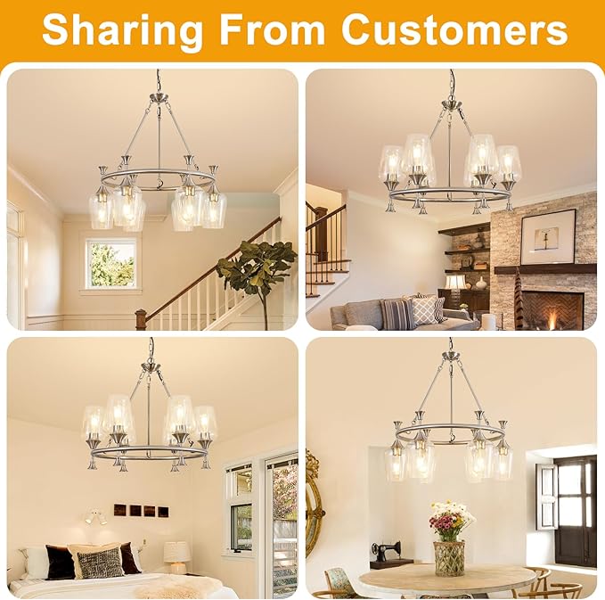 Modern Chandelier for Dining Room (25inch, 6-Light), Brushed Nickel Dining Room Light Fixture Over Table with Clear Glass Shade, Industrial Hanging Pendant Lights Fixture for Kitchen Island Entryway