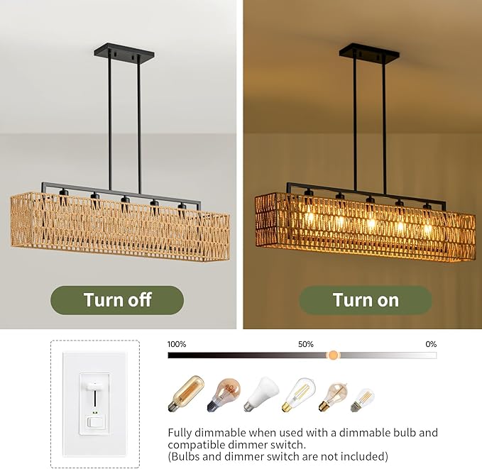 Chandeliers for Dining Room 40 Inch Boho Rattan Chandelier 5-Light Linear Chandelier Large Rectangle Chandelier Over Table, Rattan Light Fixture Kitchen Island Lighting