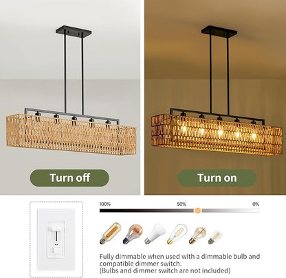 Chandeliers for Dining Room 40 Inch Boho Rattan Chandelier 5-Light Linear Chandelier Large Rectangle Chandelier Over Table, Rattan Light Fixture Kitchen Island Lighting