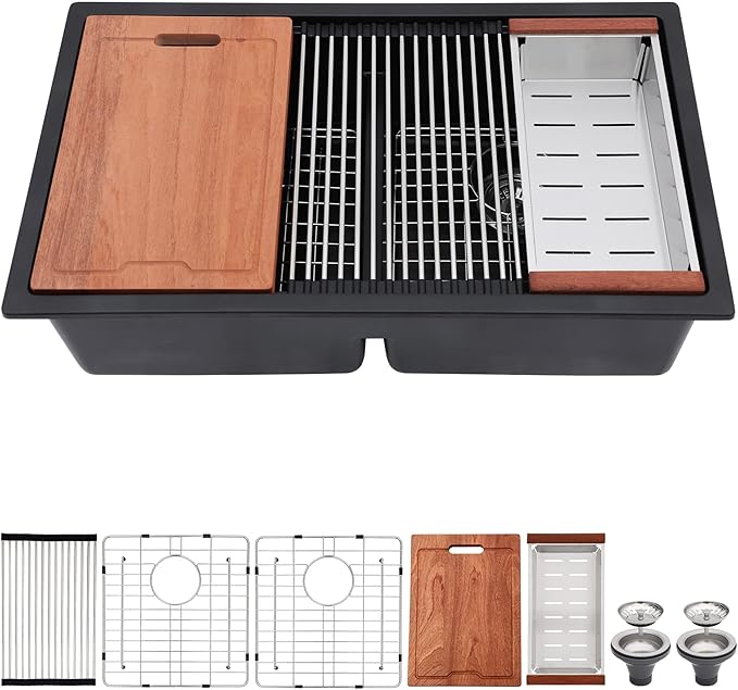33 Black Undermount Kitchen Sink Granite Composite Quartz Double Bowl Workstation Sinks Low Divide Ledge Under Counter Large Deep Classic Basin,33"x19"x10"