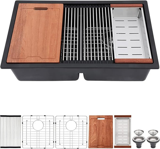 33 Black Undermount Kitchen Sink Granite Composite Quartz Double Bowl Workstation Sinks Low Divide Ledge Under Counter Large Deep Classic Basin,33"x19"x10"