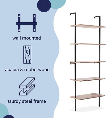 happimess MSH1001C Madera 72.05" Classic Industrial 5-Shelf Wood Wall-Mounted Open Ladder Bookcase with Metal Frame, Brown/Black