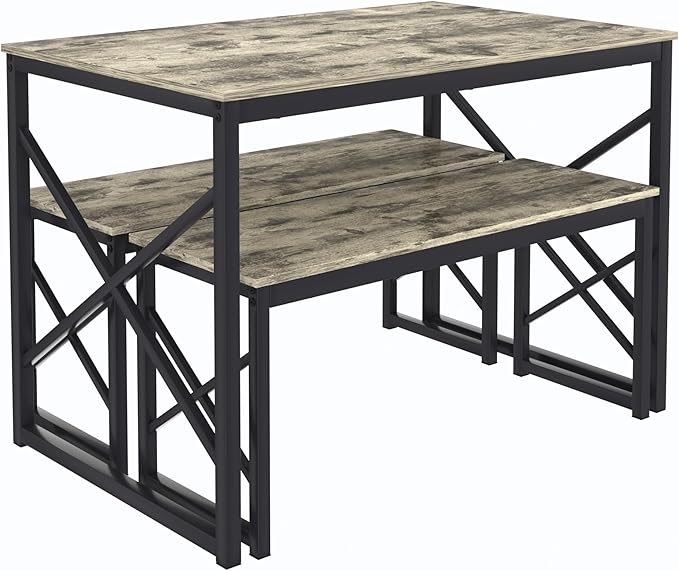 VECELO Kitchen Dining Table Benches Set for 4/6, 55" Wooden Dinette with 2 Benches, Large Embedded Desktop for Small Space, Breakfast Nook, Grey