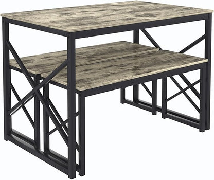 VECELO Kitchen Dining Table Benches Set for 4/6, 55" Wooden Dinette with 2 Benches, Large Embedded Desktop for Small Space, Breakfast Nook, Grey