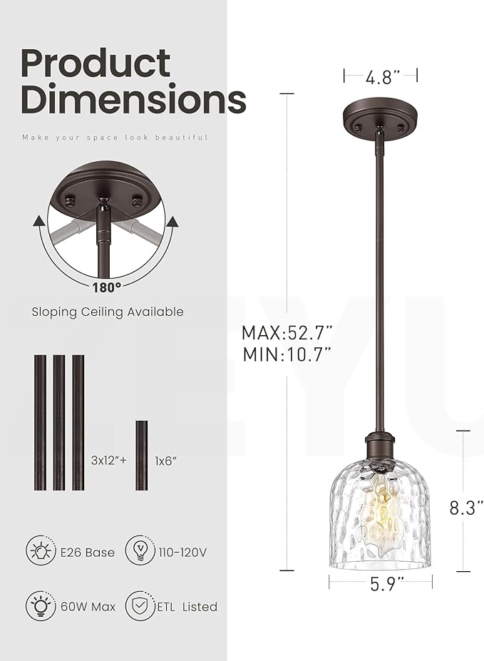 zeyu 1-Light Island Pendant Light for Kitchen, Single Pendant Light Kitchen Island, Adjustable Hanging Lamp with Clear Hammered Glass, Oil Rubbed Bronze Finish, ZJF63MIL-L ORB
