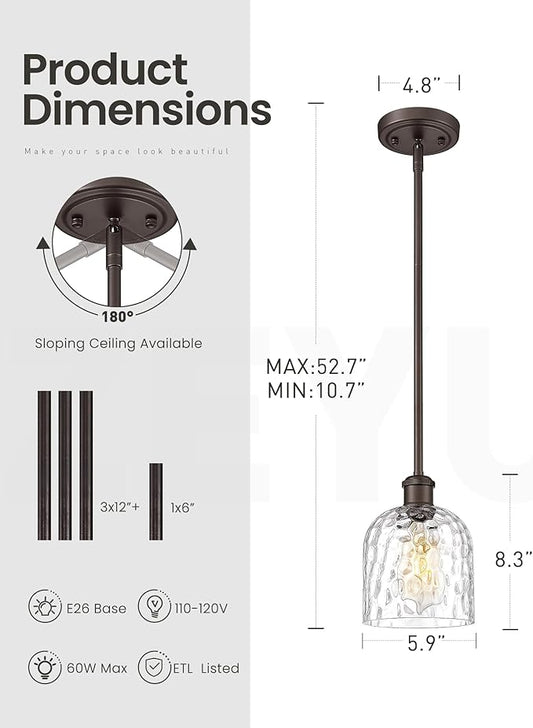 zeyu Large Kitchen Pendant Lightings, Hanging Ceiling Lights Fixtures Kitchen 2 Pack, Adjustable Hanging Lights with Clear Hammered Glass, Oil Rubbed Bronze Finish, ZJF63MIL-L-2PK ORB