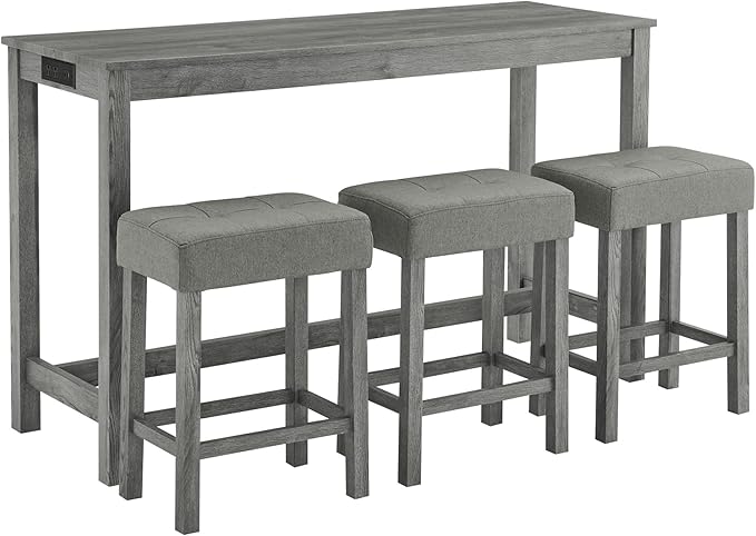 LKTART Kitchen Bar Table and Chairs Set, 4 Piece Bar Height Dining Table Set with Power Outlet and 3 Upholstered Stools Industrial Breakfast Nook, Small Space Living Room, Gray