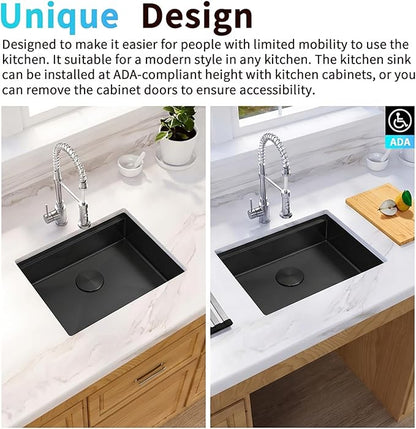 Black Undermount Kitchen Sink 30 x 18 Inch,16 Gauge 304S Stainless Steel Workstation Sinks with Ledge & Accessories, 30" x 18" x 6" ADA-Compliant Kitchen Sink, 6 Inch Deep ADA Black Sink