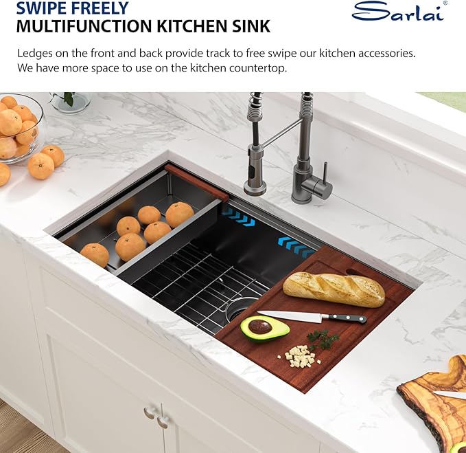 Sarlai 30 Inch Undermount Kitchen Sink Stainless Steel - 30 x 18 Inch Black Undermount Workstation Sink Commercial 16 Gauge Stainless Steel Gunmetal Black Sink Deep Single Bowl Kitchen Sink