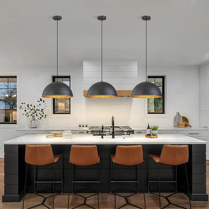 15.7" Farmhouse Pendant Lights Kitchen Island,Black and Silver Hammered Large Industrial Chandelier,Adjustable Metal Dome Pendant Lights for Dining Room,Bedroom,Hallway