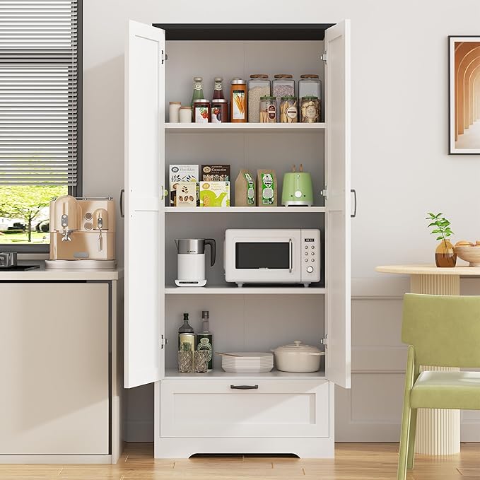 Shintenchi Kitchen Pantry Cabinet, Freestanding Farmhouse Storage Cabinet with 4 Shelves and 1 Drawer, Tall Cupboard for Kitchen, Living Room, Dining Room and Bathroom, White