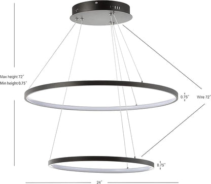 JONATHAN Y 24" Matte Black Modern Integrated LED Pendant Light, Dimmable Round Hoop Chandelier for Kitchen Island, Dining Room, Adjustable Height Metal Hanging Light (JYL7204A)