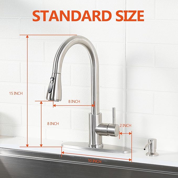 HOTIS Kitchen Faucet with Soap Dispenser, Brushed Nickel Kitchen Faucet with Pull Down Sprayer 3 Modes, High Arc Single Handle RV Bar Sink Faucets for Farmhouse RV Laundry Camper, HT-SLYT004L-S-1
