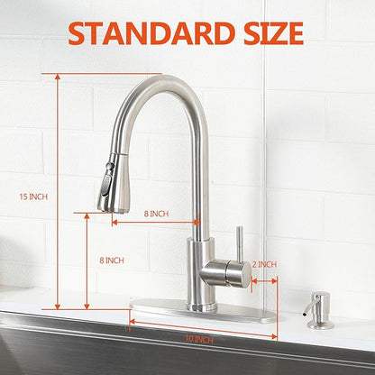 HOTIS Kitchen Faucet with Soap Dispenser, Brushed Nickel Kitchen Faucet with Pull Down Sprayer 3 Modes, High Arc Single Handle RV Bar Sink Faucets for Farmhouse RV Laundry Camper, HT-SLYT004L-S-1
