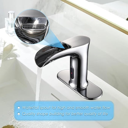 Automatic Sensor Touchless Waterfall Bathroom Sink Faucet, Modern Electronic Sensor Lavatory Faucet, Chrome Hands Free Vanity Faucets with Control Box and Temperature Mixer