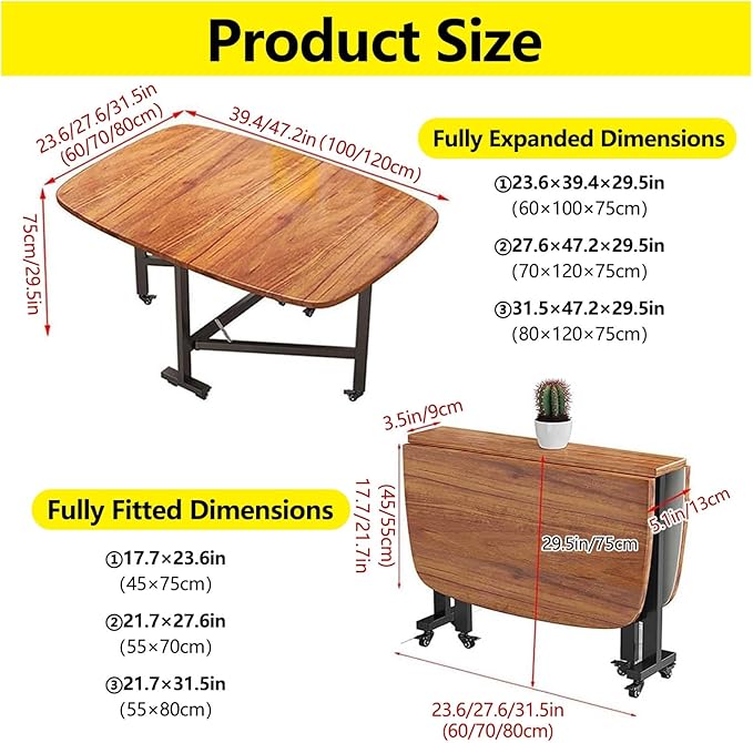 Wooden Foldable Kitchen Table with 6Wheels, Multifunction Table Drop Leaf Dining Table, Multifunction Expandable Folding Table for Small Spaces Kitchen, Bedroom, Living Room, Carbon Steel Pipe Bracket