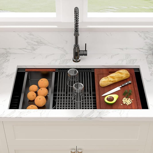Sarlai 36 Inch Undermount Kitchen Sink Double Bowl Low Divided Large Workstation Gunmetal Black Sink Stainless Steel 16 Gauge 50/50 Sinks Double Basin