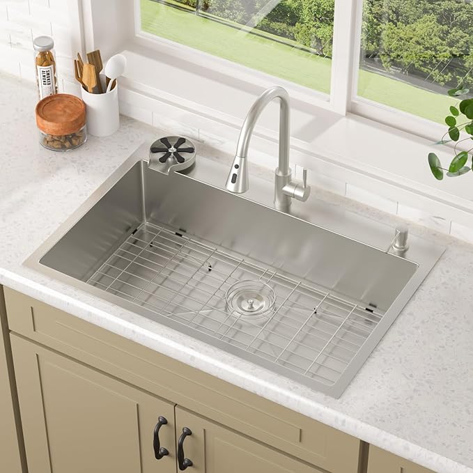 Lordear 30 Inch Drop In Kitchen Sink with Faucet 16 Gauge Stainless Steel Single Bowl Kitchen Sink with Glass Rinser, Pull-out Faucet, and Soap Dispenser #T30229-F16030SS