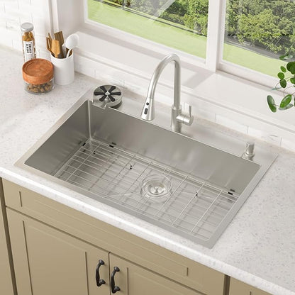 Lordear 30 Inch Drop In Kitchen Sink with Faucet 16 Gauge Stainless Steel Single Bowl Kitchen Sink with Glass Rinser, Pull-out Faucet, and Soap Dispenser #T30229-F16030SS