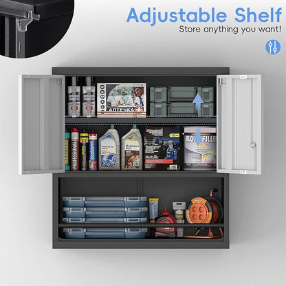 Locking Cabinet, Black Wall Storage Cabinet with Shelves, Hanging Cabinets with Open Storage, Small Wall Cabinet, Lockable Tool Cabinet for Basement, School, Office