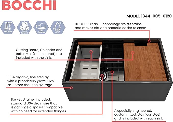 BOCCHI Contempo Workstation Apron Front Step Rim Fireclay 30 in. Single Bowl Kitchen Sink with Accessories in Black