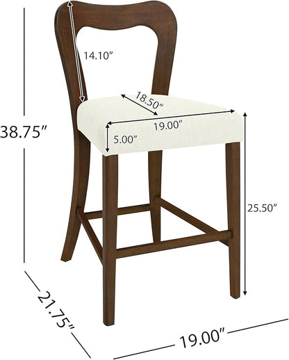 Counter Stools Without Arms Set of 2 (Walnut + Beige) - Solid Rubberwood Frame & Fabric Seat, Ergonomic Curved Back, 300LBS Capacity for Kitchen Island, Dining Room, Home Bar