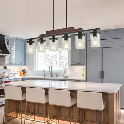 Kitchen Island Light Fixture/Chandelier Over Table,Farmhouse Black Rustic Wood Hanging Light Fixtures for Dining Room with 6 Glass Shade