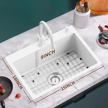 White 25x18 Inch Kitchen&Bar Sink- Stainless Steel Drop In Single Bowl Topmount Kitchen And Bar Sink With Sink Grid And Drain Assembly Bright White Bar Sink Enhance Aesthetic Appeal Of Modern Kitchen
