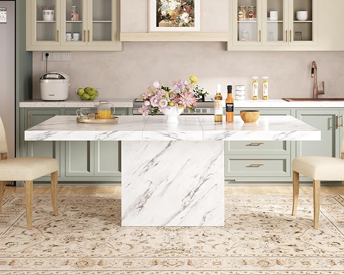 HSH 55 inch Dining Table for 4, Modern White Faux Marble Dining Room Table, Rectanglur Kitchen Table with Heavy Duty Pedestal, Wooden Eating Dinner Desk for Home,Living Room, White Marble, 55 Inch