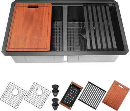 Black Undermount Kitchen Sink 30 x 18 Inch, 50/50 Double Bowl Kitchen Sinks, 16 Gauge Stainless Steel Workstation Sink with Ledge & Accessories, 30" x 18"x 10" Large and Deep Double Sink