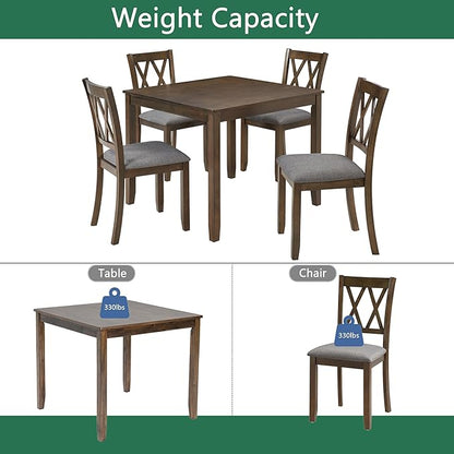 5-Piece Dining Table Set for 4 People, Wooden Kitchen Table and Chairs Set of 4, Farmhouse Rustic Style Dining Room Table Set for Kitchen and Dining, Dark Walnut