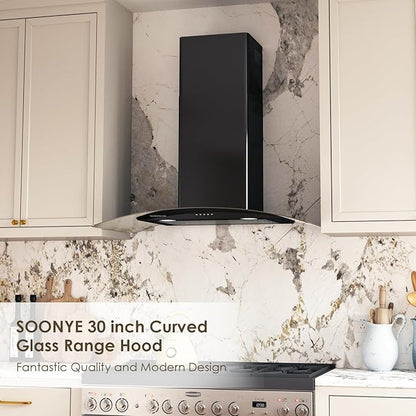 30 Inch Black Range Hood Wall Mounted Curved Glass Range Hoods with 450 CFM, Stainless Steel kitchen Ductless/Ducted Convertible with 3 Speed Controls, Permanent Baffle Filters and 2 LED Lights