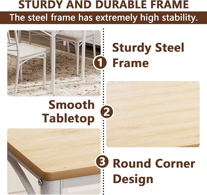 5 Piece Dining Table Set for 4, Farmhouse Kitchen Table and PU Chairs, Small Space Compact Dinette, Wood Top & Metal Frame, Breakfast Nook Set for Apartment Dining Room (Walnut+Black)