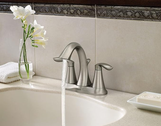 Moen Eva Brushed Nickel Two-Handle 4-Inch Centerset Bathroom Faucet with Drain Assembly, for 3-Hole Sink, 6410BN + Bathroom Single Post Hand-Towel Ring, YB2886BN