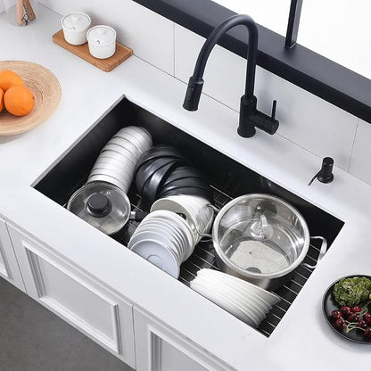 32 Undermount Black Kitchen Sink, Luckyhorse 32" x 17" x 9" 18 Gauge Gunmetal Black Stainless Steel Undermount Single Bowl Kitchen Sink LH024SQ