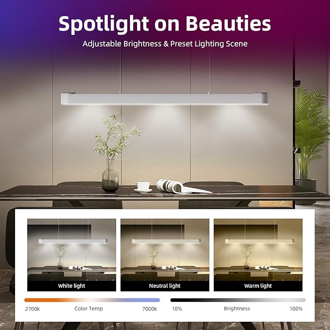 39” Smart Pendant Light with Bluetooth Speakers, 50W 2500 Lumens Kitchen Island Light Pool Table Lamp with RGB Color Background Ambient Lighting for Dining Living Room Office (Silver)