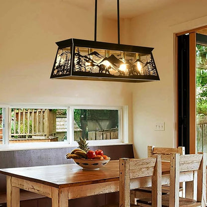 Rustic Dining Room Light Fixture, Bear Kitchen Island Lighting, 32-Inch 5-Light Black Rectangle Farmhouse Chandeliers, Adjustable Height Pendant Light for Kitchen Island, Dining Room Over Table