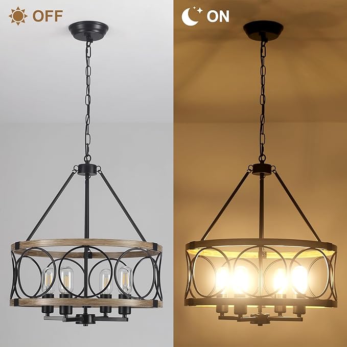 4-Light Farmhouse Chandelier, Rustic Faux Wood Chandeliers Dining Room Light Fixture, Round Pendant Light, Hanging Kitchen Island Light for Living Room, Entryway, Foyer-Black & Wood Grain