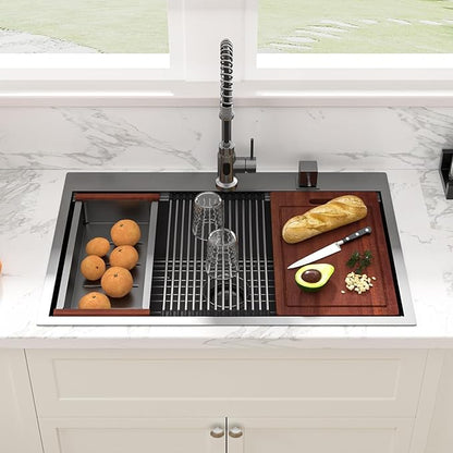 Sarlai 33 Inch Black Drop In Kitchen Sink Workstation - 33x19 Drop In Kitchen Sink Black Stainless Steel Topmount Workstation Sink 16 Gauge Deep Single Bowl Top-mount Kitchen Sink