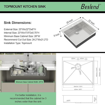 25 Inch Drop In Kitchen Sink - Beslend ADA 6 Inch Depth 25x22 Drop In Sinks Topmount Stainless Steel 16 Gauge Mobility Friendly Sink for Wheelchair Accessible & Accessible Design Kitchen