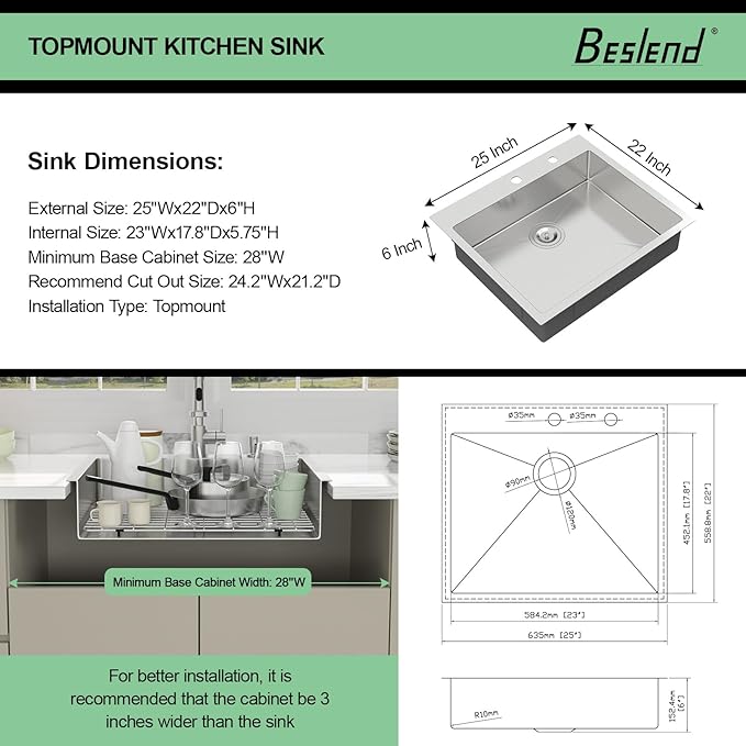 25 Inch Drop In Kitchen Sink - Beslend ADA 6 Inch Depth 25x22 Drop In Sinks Topmount Stainless Steel 16 Gauge Mobility Friendly Sink for Wheelchair Accessible & Accessible Design Kitchen