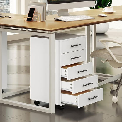 HOOBRO 5-Drawer File Cabinet, Office Filing Cabinet with Drawers, Wooden Mobile Storage Cabinet with Wheels, for Makeup, Home Office, Easy Assembly, White WT05WJ01G1
