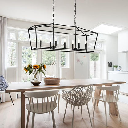 Lantern Island Light 7-Light Black Chandelier Dining Room Light Fixtures Over Table Rectangle Kitchen Island Chandeliers Modern Hanging Light Fixture